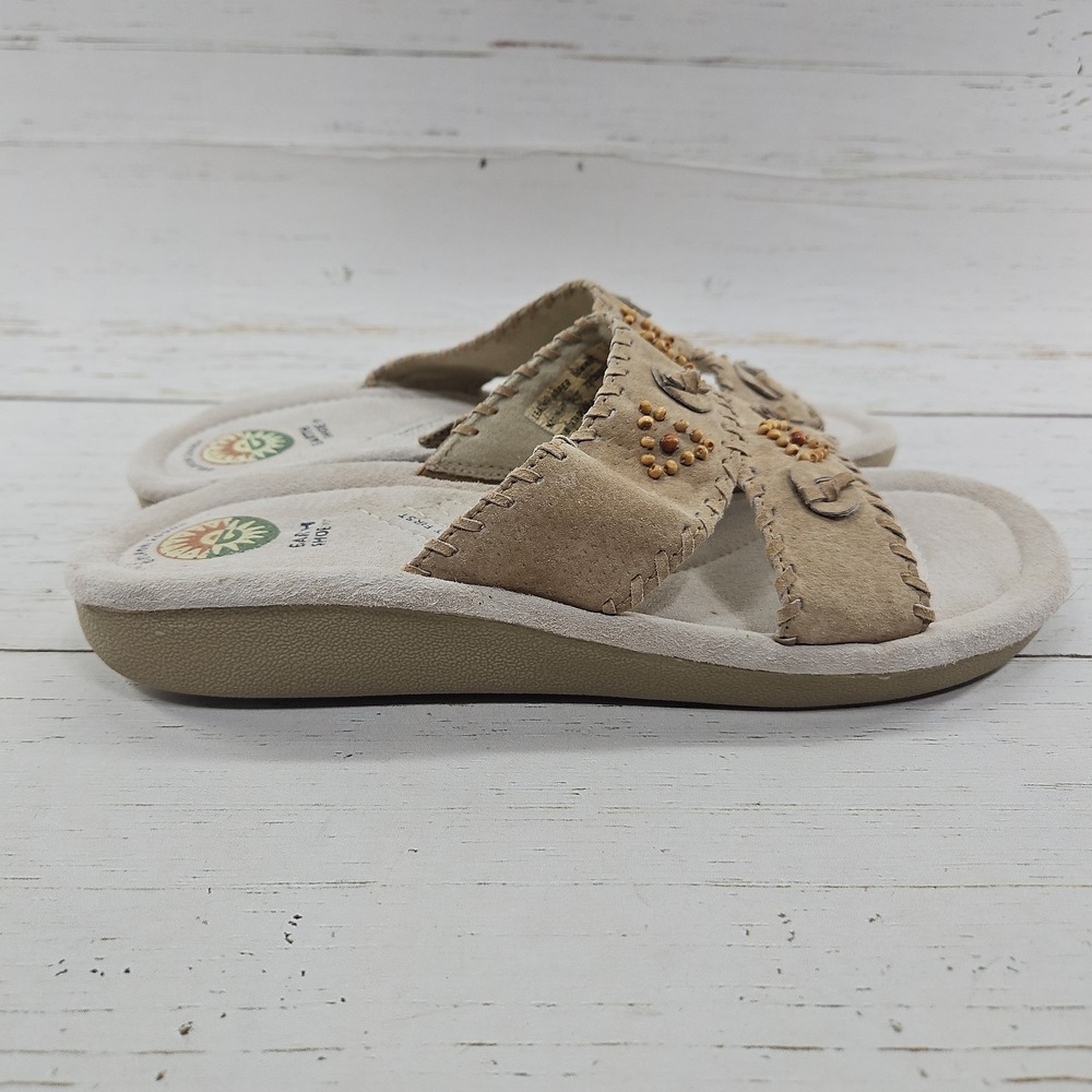 Earth Shoe Conway Slide Sandals Womens 10.5 Tan Suede Beaded Whipstitch Boho - Picture 5 of 11